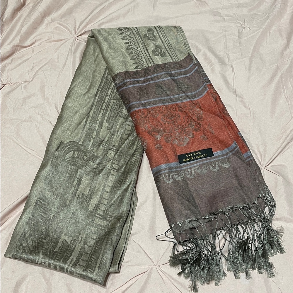 100% Silk Woven Scarf Shawl Boho Paisley Floral Pattern Brown Copper Fringe
